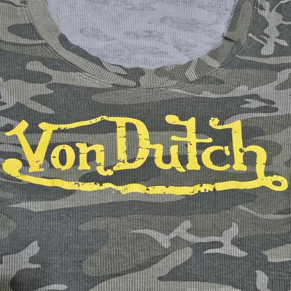 NWOT Von Dutch Deconstructed Camo Top Ribbed Scoop Neck Baby Tee Y2K 2000s Style - Picture 3 of 8